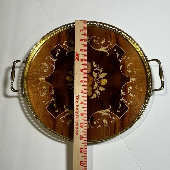 Italian Marquetry Inlaid Wooden Serving/Vanity Tray Floral w Brass Vintage 1950s - Picture 2 of 7